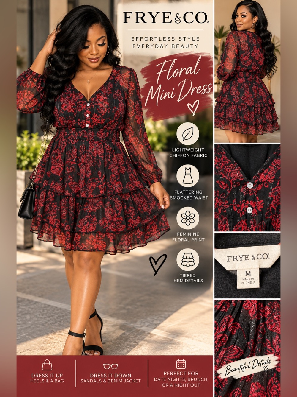 Frye & Co. Black & Red Floral Tiered Chiffon Mini Dress- Sz Medium